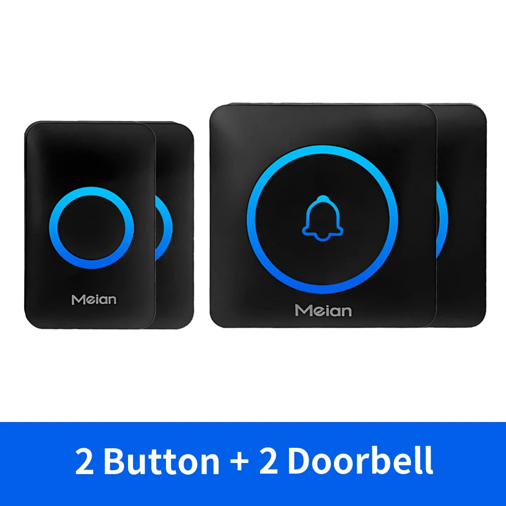 Wireless smart doorbell kit with two black buttons and blue LED ring, Meian logo