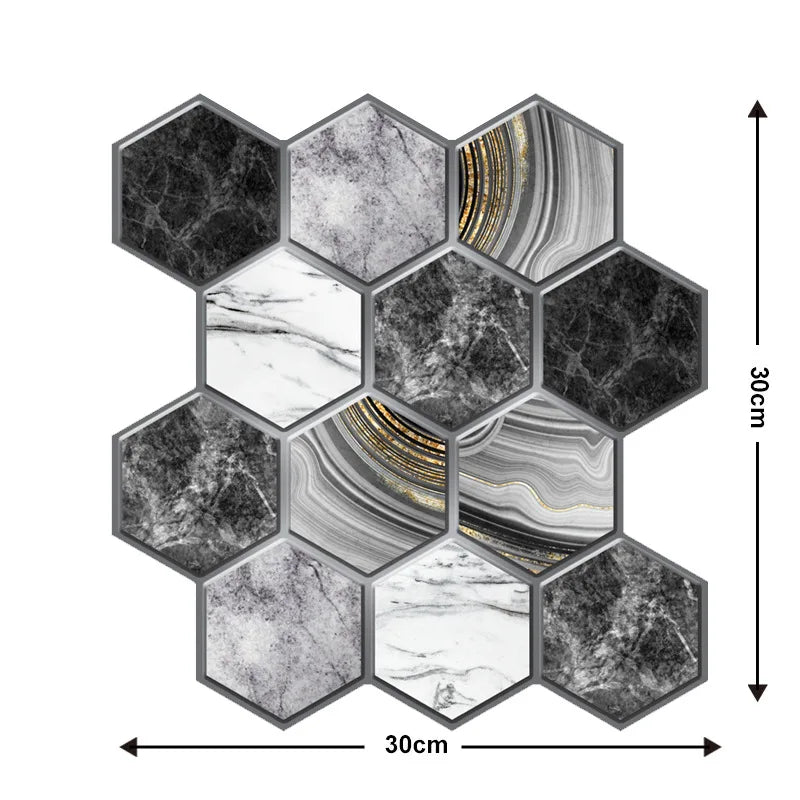 Peel-and-stick marble-effect hexagon tiles in gray, black, and white with swirls