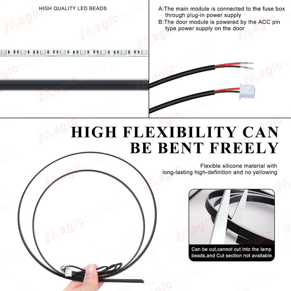 Flexible LED light strip in a black silicone casing with wiring connectors, designed for automotive accent lighting.