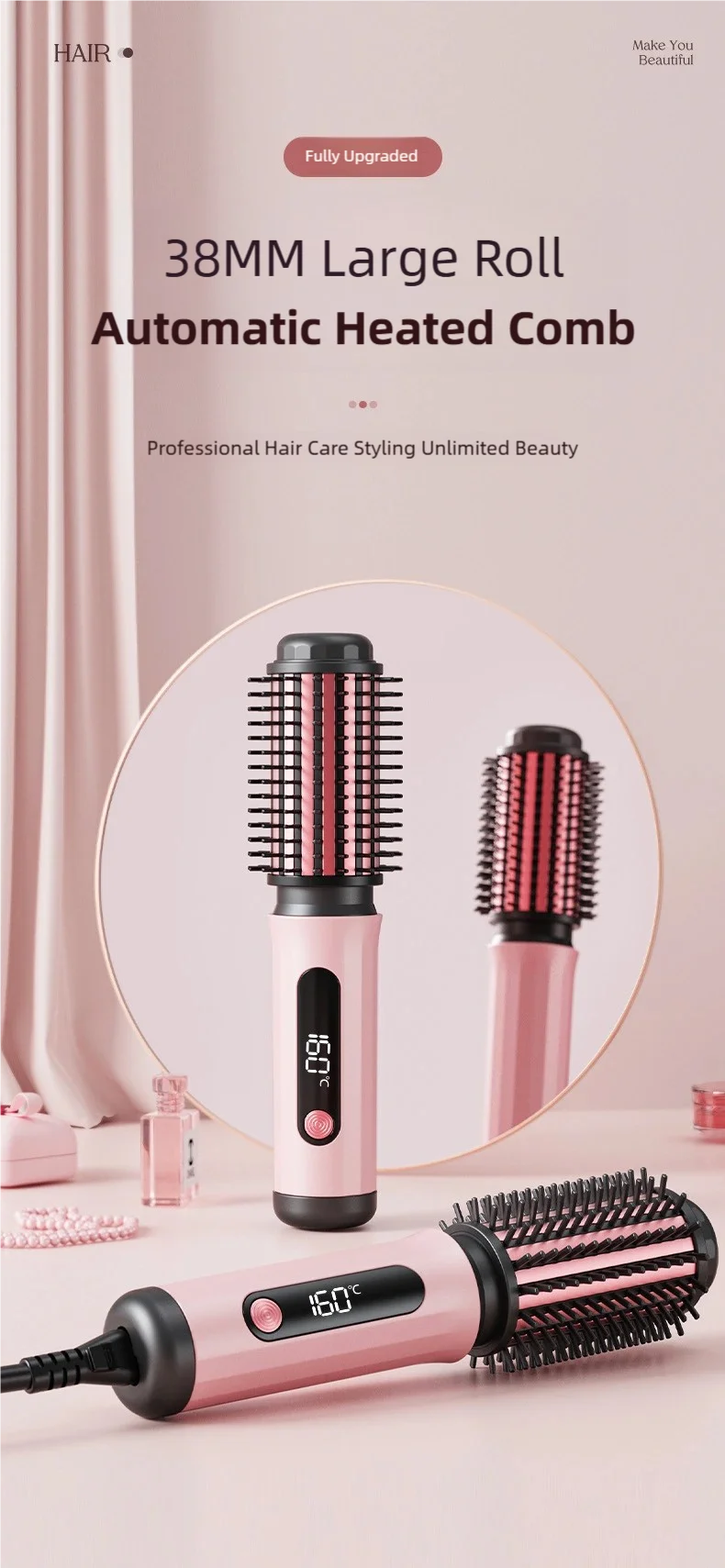 TINSOL pink 38mm negative ion hot air brush with digital temperature display for professional hair styling.