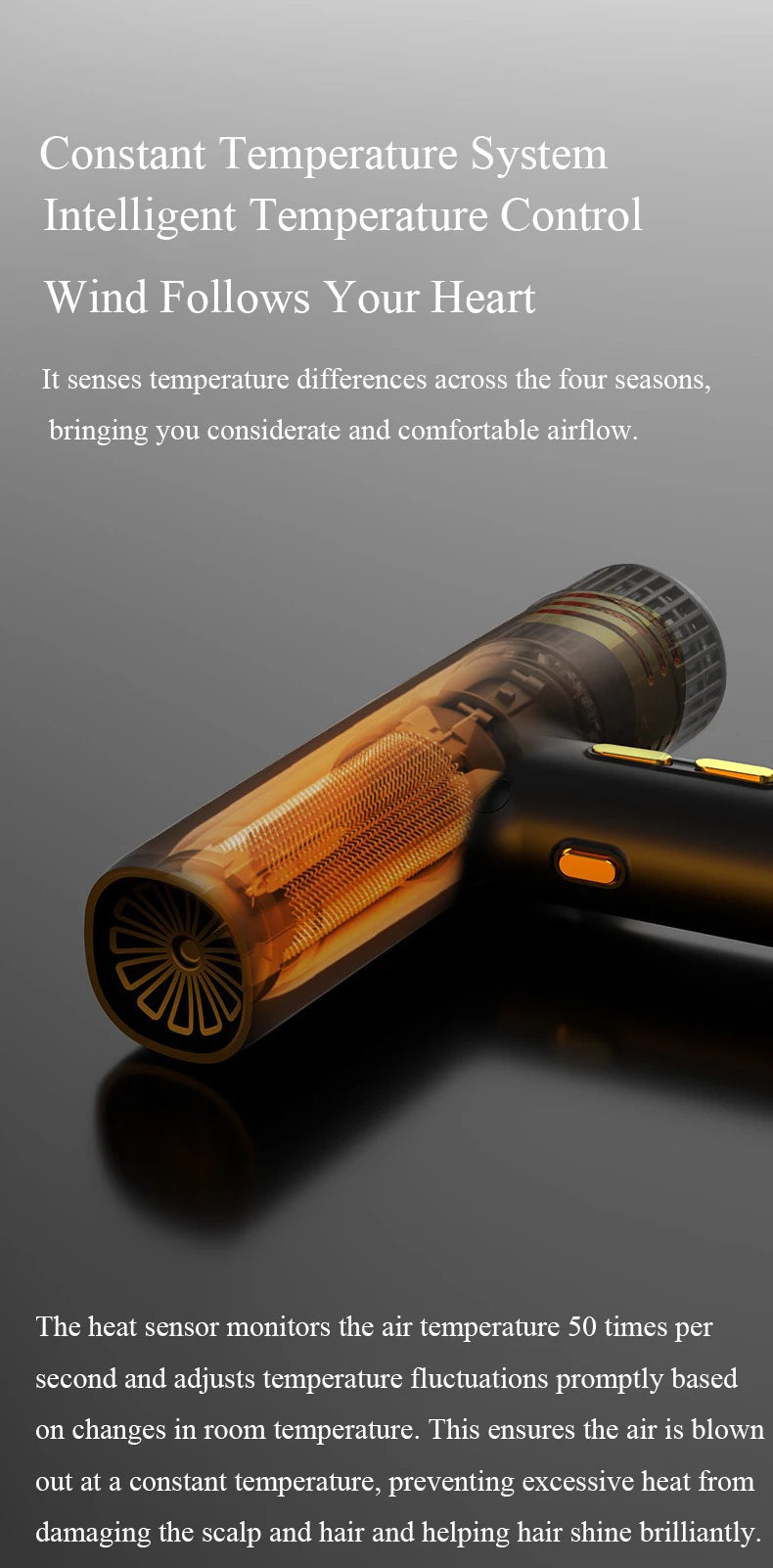 Black and amber quiet hair dryer with intelligent constant temperature control for fast, salon-quality ionic drying.