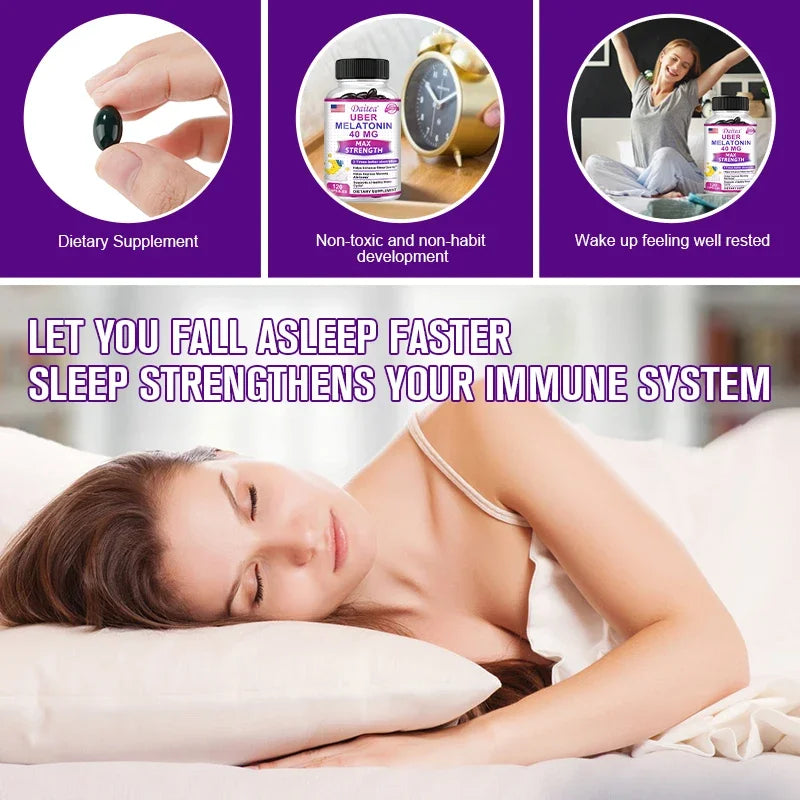 Daitea Melatonin Supplement 40mg Contains Vitamin C Theanine Extract Capsules to Promote Sleep Quality & Alertness Non-GMO