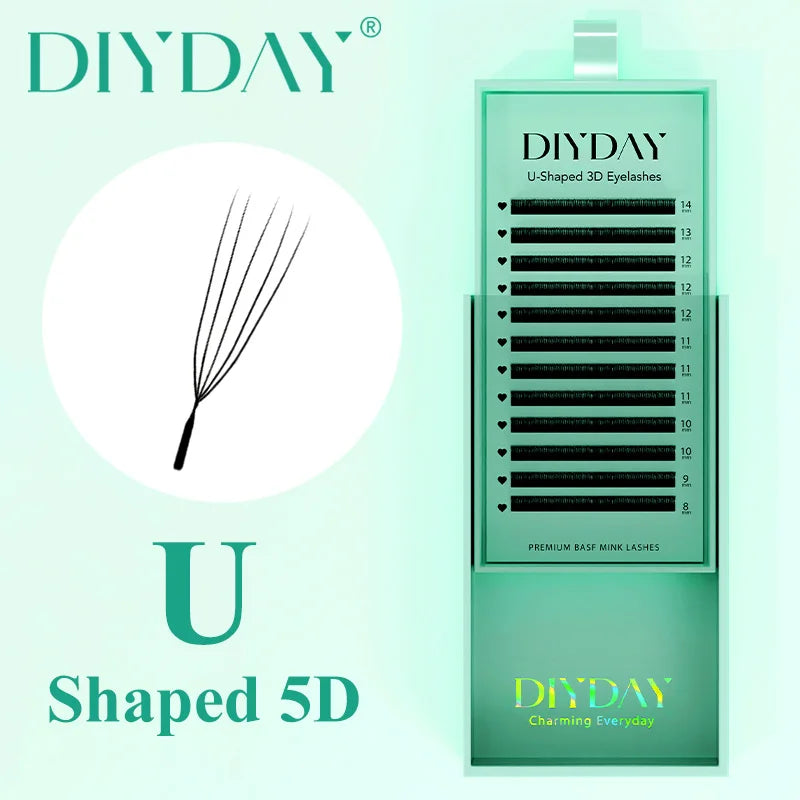 DIYDAY U-shaped 5D mink eyelash extension tray with various lengths and a detailed graphic of a five-prong lash fan.
