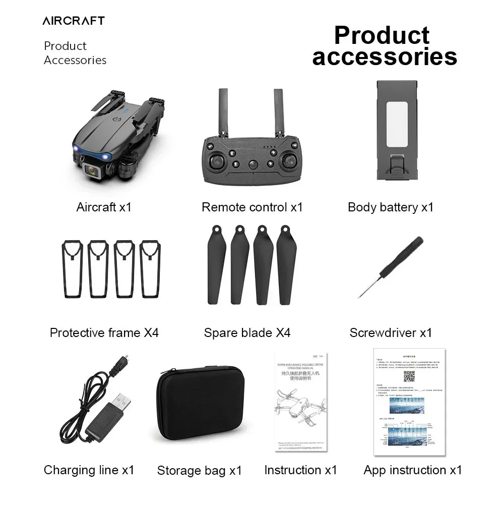 Foldable drone kit with black aircraft, controller, battery, blades, guards, charger, case, and instruction manuals.