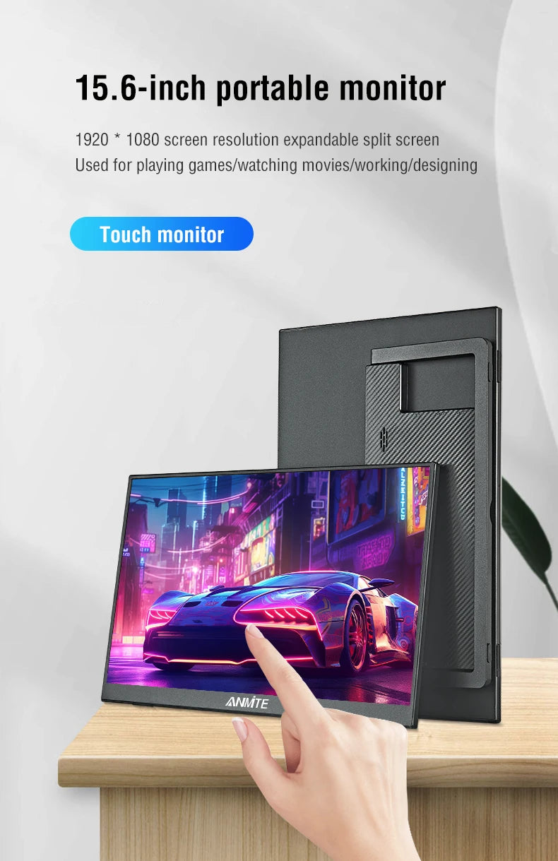 Anmite 15.6-Inch Portable Touch Monitor Non-touch Optional 1080P HDR 16:9 For XBox PS4 / 5 Switch Cell Phone PC Loptop Extensio