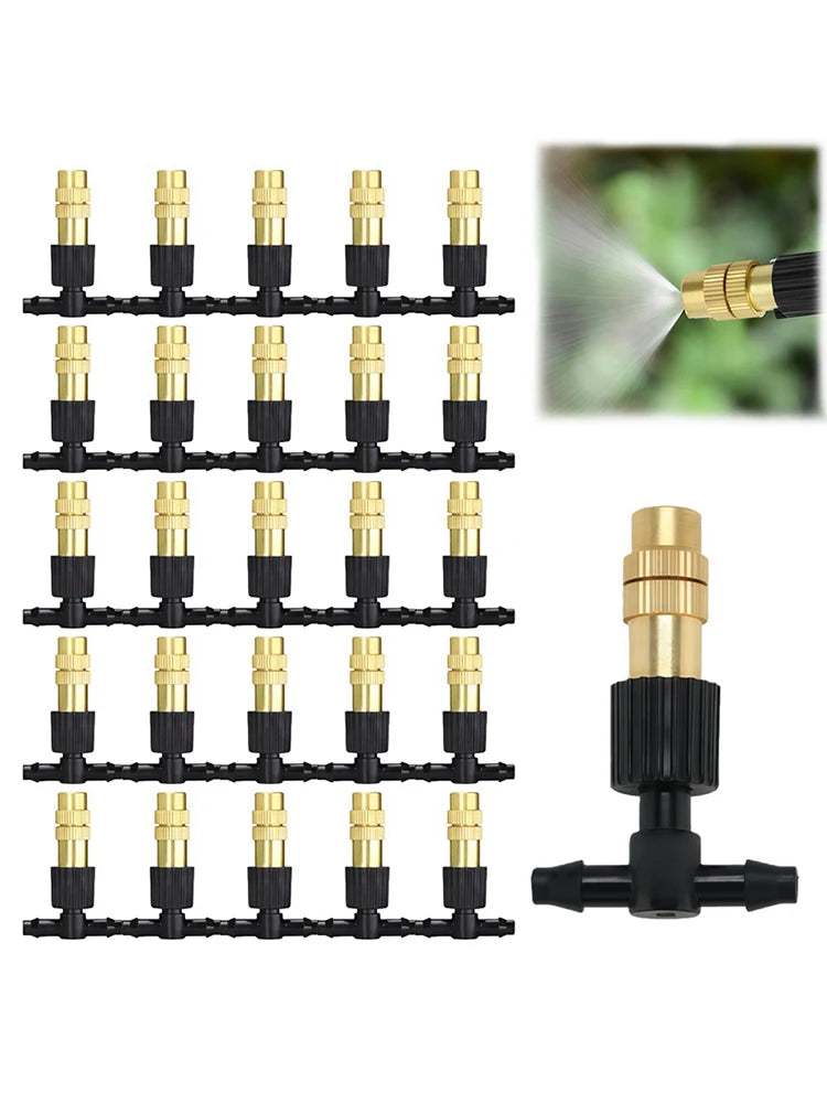 Adjustable brass mist nozzle tee connectors set: multiple brass caps with black tee fittings