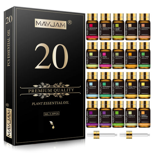 Mayjam 20-piece aromatherapy essential oil set in amber bottles for wellness, stress relief, and home fragrance.