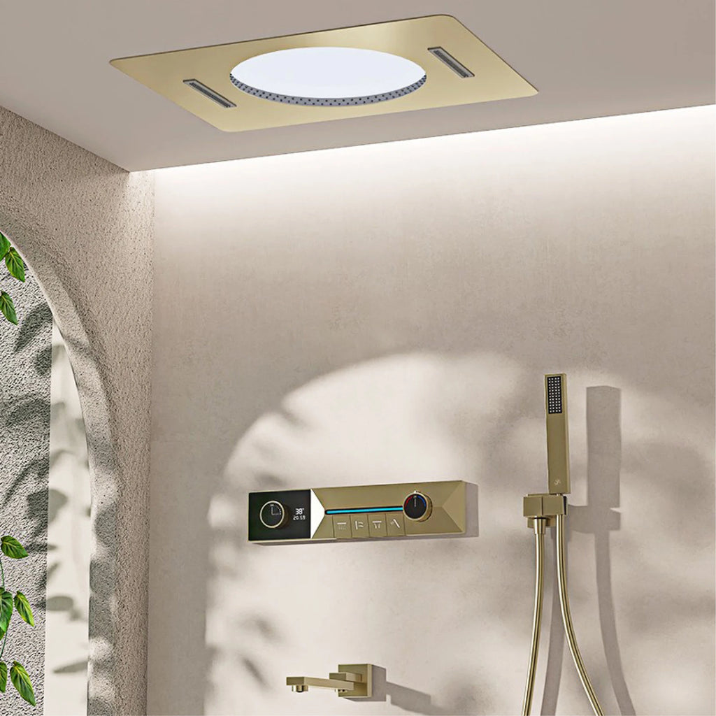 Gunmetal Gray Ceiling Mounted 4-Function Waterfall Shower System with Embedded Brass Thermostatic LED Display Body for Bathroom