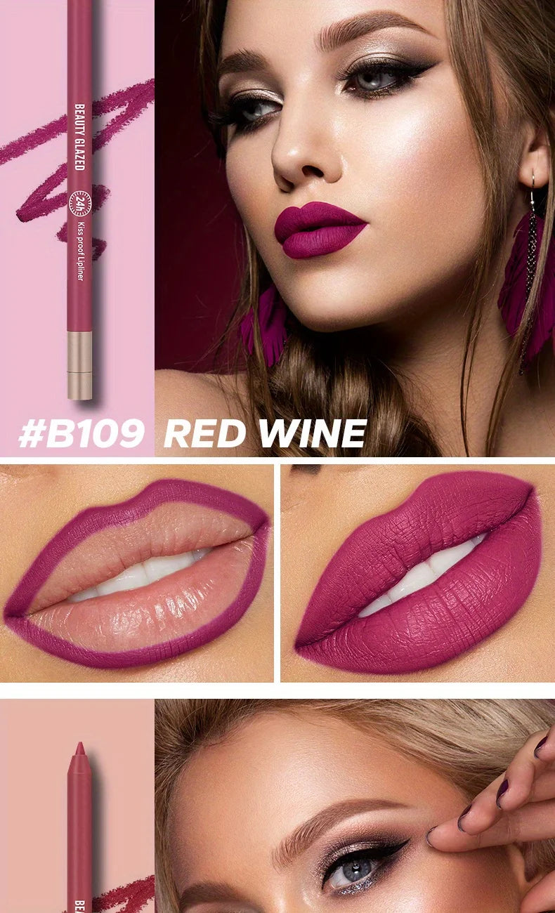 Beauty Glazed Red Wine lip liner in a high-pigment, waterproof matte finish for precise, natural lip shaping.