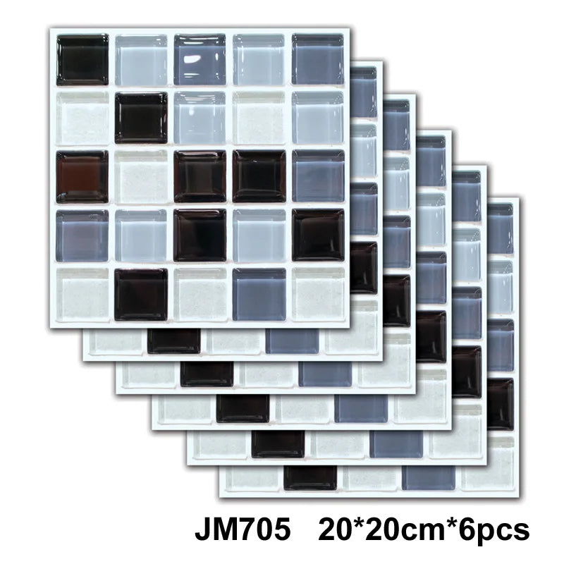 Self-adhesive marble wall tile stickers, black and white square mosaic tiles, 6-piece set