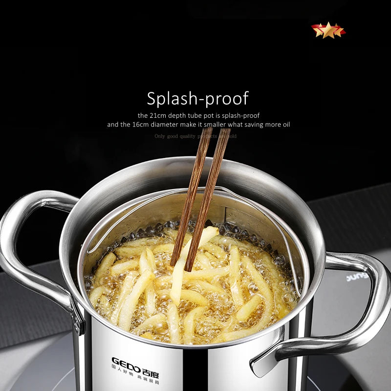 LFGB Certificated Pure 304 Stainless Steel Deep Fryer Oil Save Potato Chip Frying Pot Vegetable Noodle Stewing Pot with Strainer