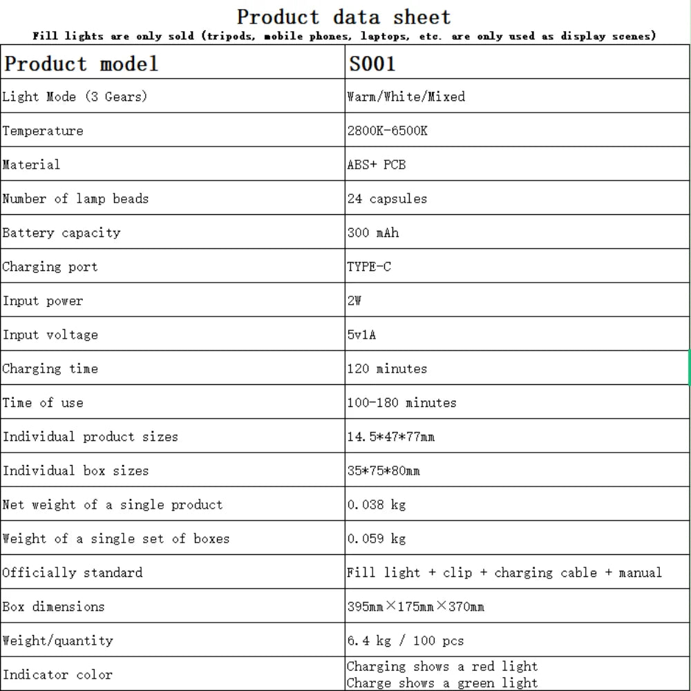 S001 portable LED fill light data sheet showing 24 beads, 3 color temperatures, Type-C charging, and specifications.
