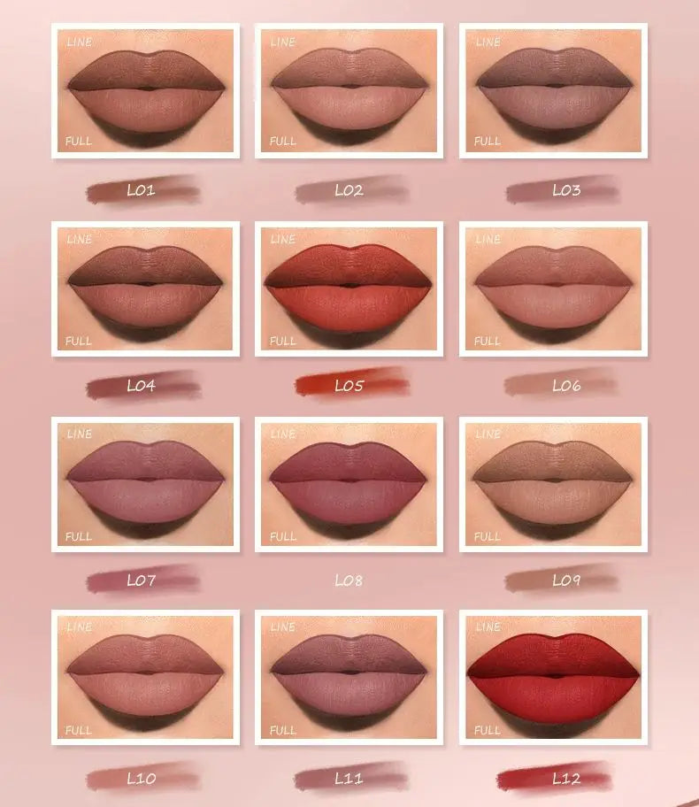 Face Secret 12-color velvet matte waterproof lip liner set featuring diverse nude, red, and berry lip color swatches.
