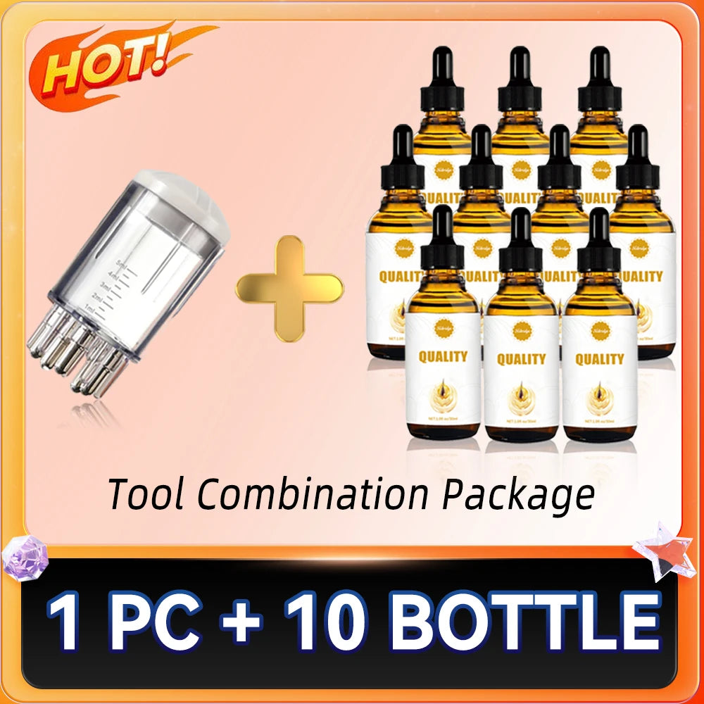 Scalp massage tool with 10 bottles of hair root conditioner serum for hair growth and scalp care treatment set.