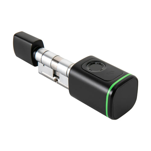 Black smart door lock cylinder with fingerprint sensor and green status ring