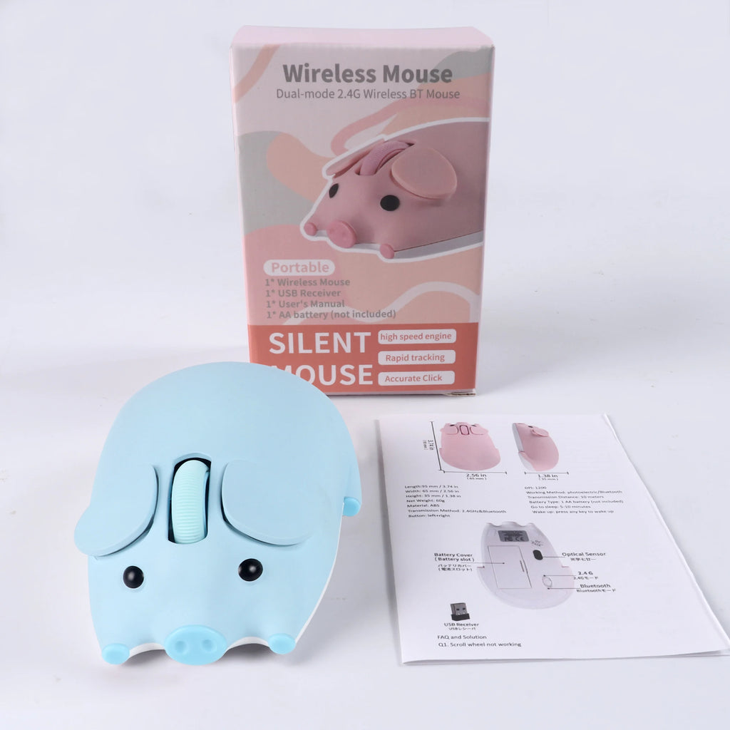 Cute 3D Little Pig Wireless Mouse 2.4G Bluetooth Dual-mode Silent For Women Office Laptop PC