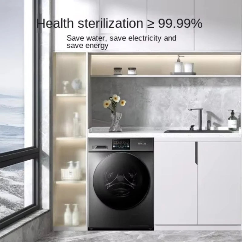 Tidesmit 10kg front-load washing machine side angle showing intelligent frequency conversion and durable plastic build