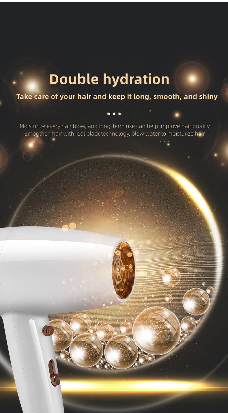 White wall-mounted hair dryer with gold accents, blue light hair care technology, and moisture-locking ionic features.
