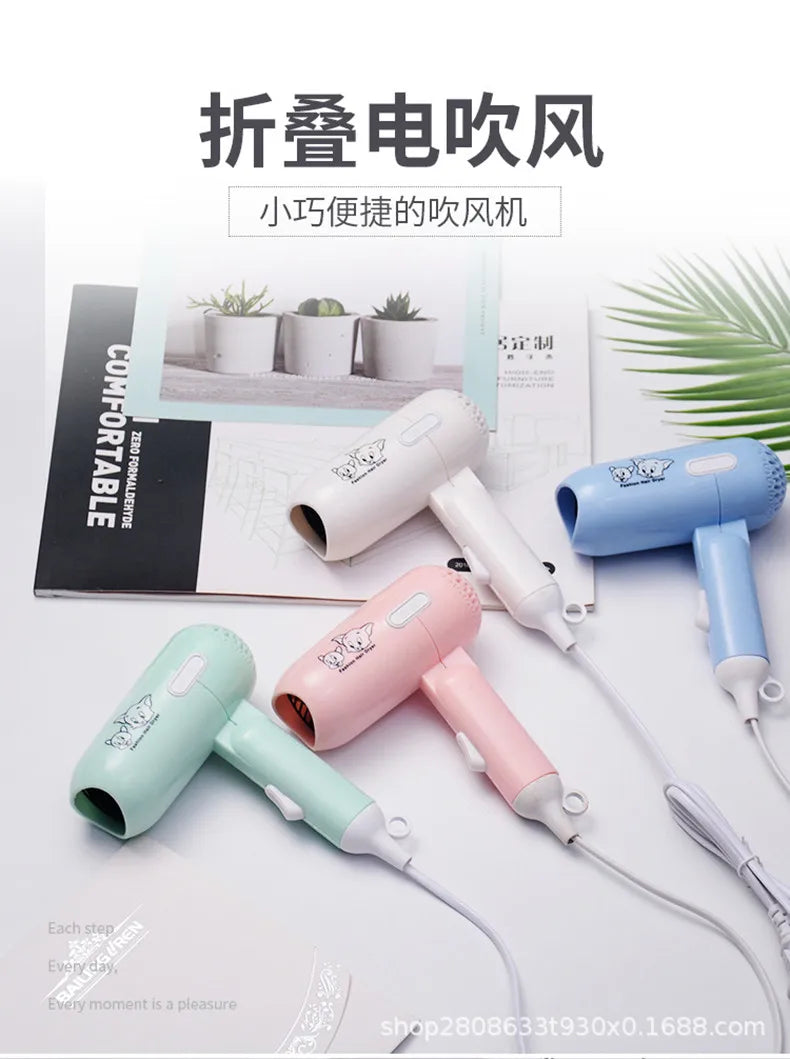 Pastel foldable mini hair dryers with ionic blue light technology for quick, travel-friendly hair styling.