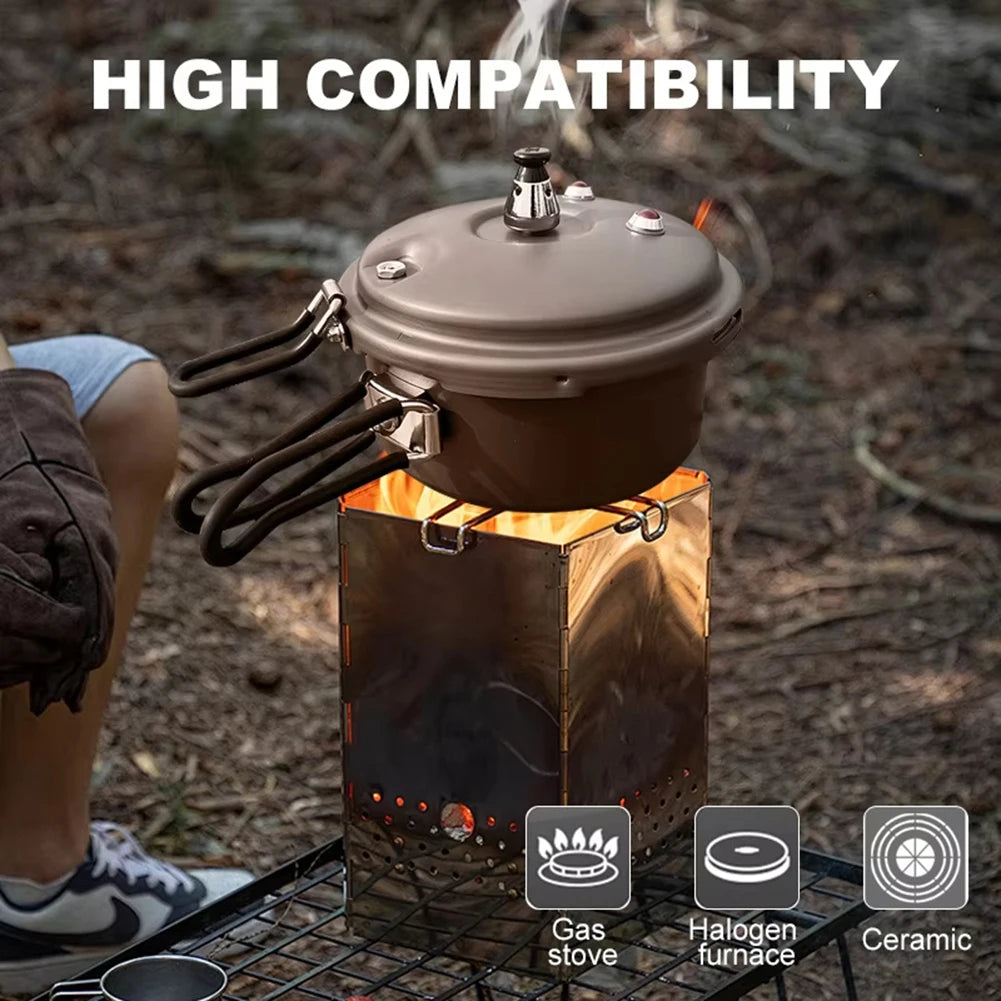 Portable pressure cooker on camping stove with lid valve and folding pot handles