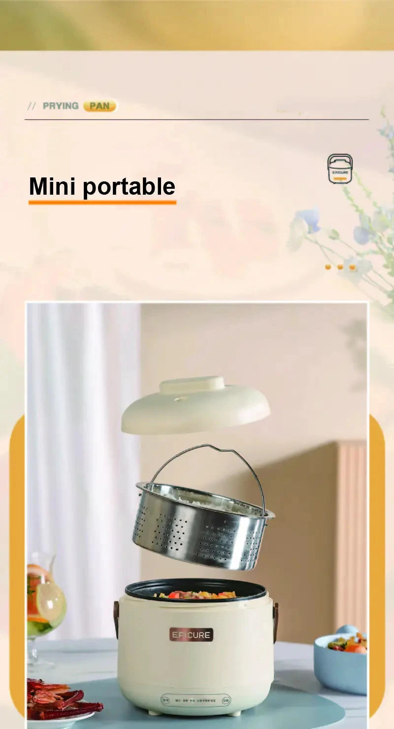 Mini portable electric cooking pot with metal steamer insert, cream