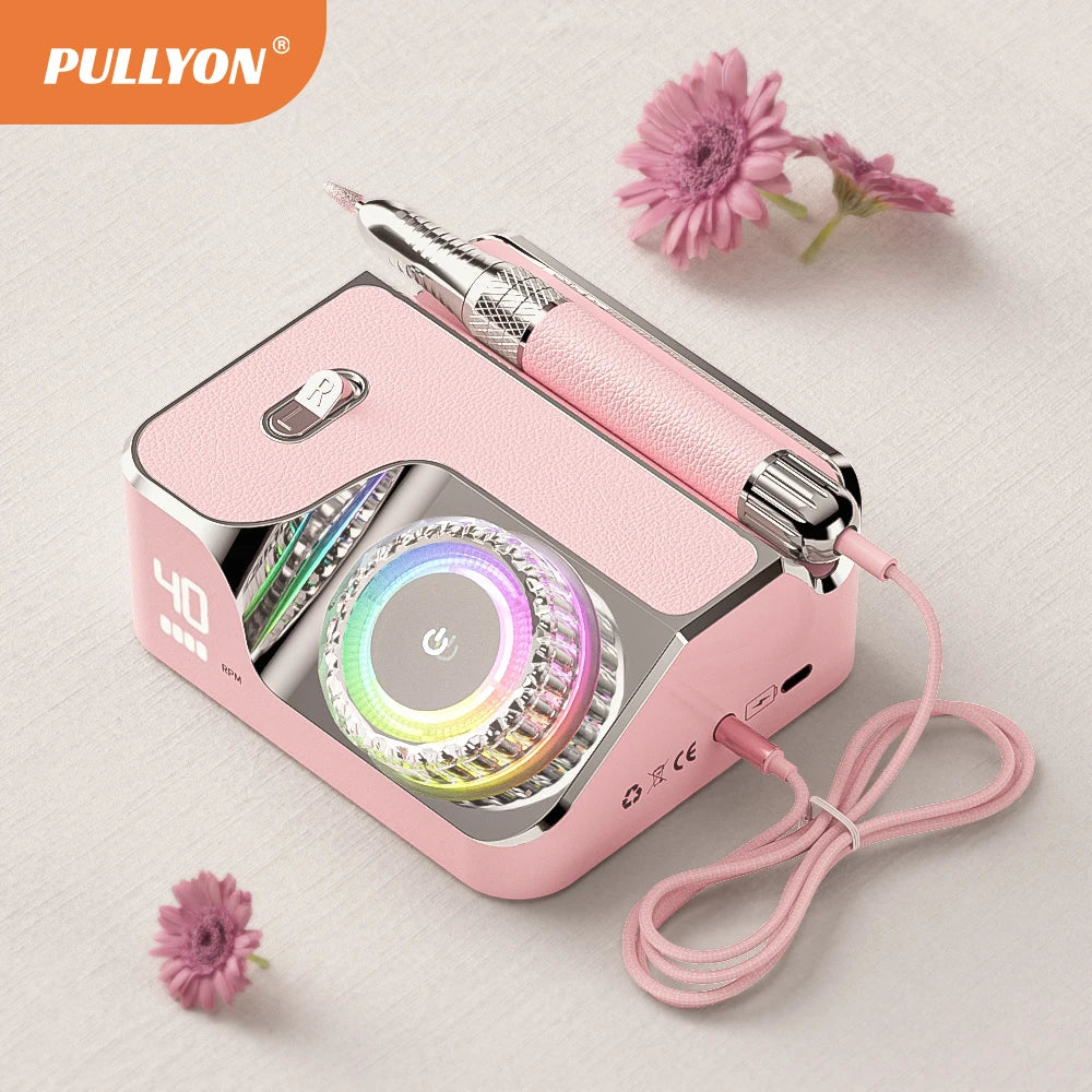 Pink 40000RPM rechargeable electric nail drill for manicure and pedicure with LED light display and handpiece.
