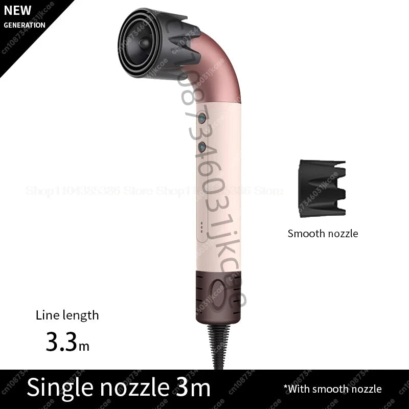 Pink leafless negative ion hair dryer with smooth nozzle attachment and 3.3m long professional power cord.