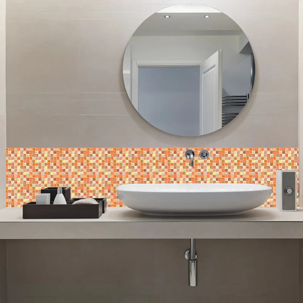 10pcs/set 10/15/20/30cm Flat Orange Marble Mosaic Hard Tiles Wall Sticker Kitchen Bathroom Home Decor Wallpaper PVC Art Mural