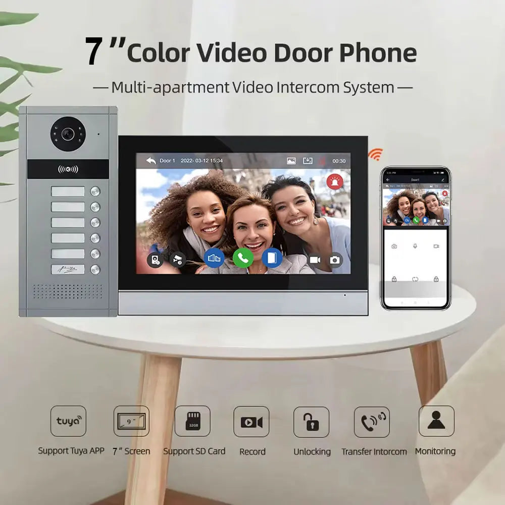 7 inch Touch Screen Video Doorbell Intercom 4 Wired Tuya WiFi Video Doorphone System for 5/6/8 Family Apartment RFID Card Unlock