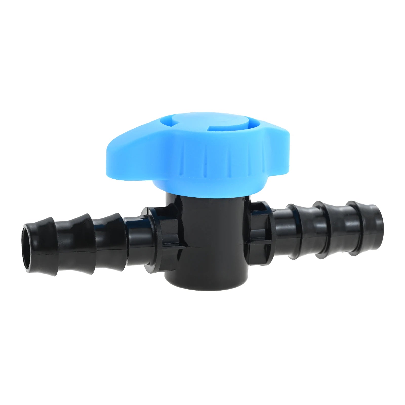 1/2 in drip line barbed shut-off valve, black ports with blue top cap