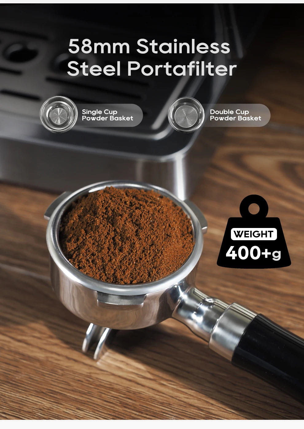 58mm stainless steel espresso portafilter with coffee grounds, includes single and double cup powder baskets.