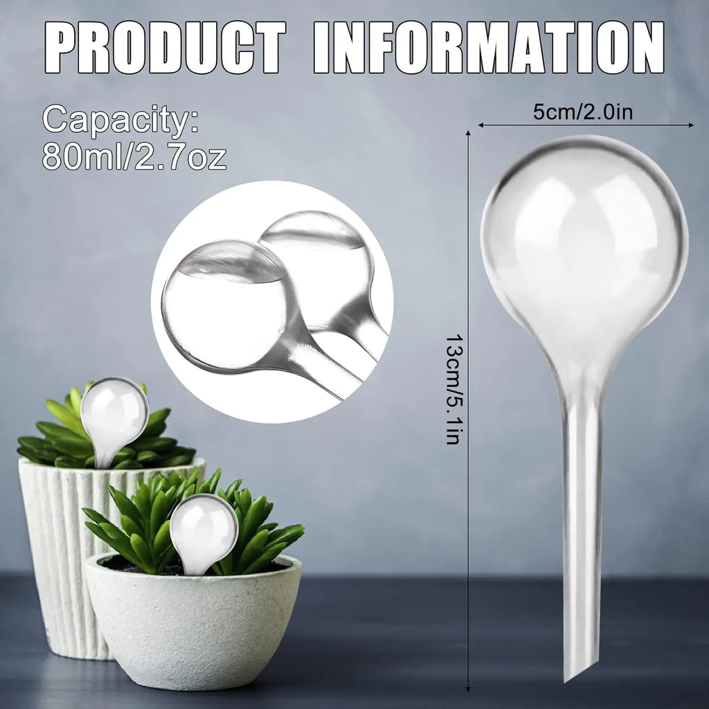 Transparent plant watering bulb with rounded globe and long spike stem