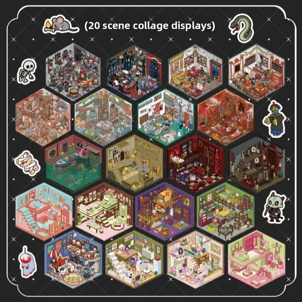 51 PET material horror cabin theme stickers with 20 mini cartoon room scenes for creative DIY scrapbooking and crafts.
