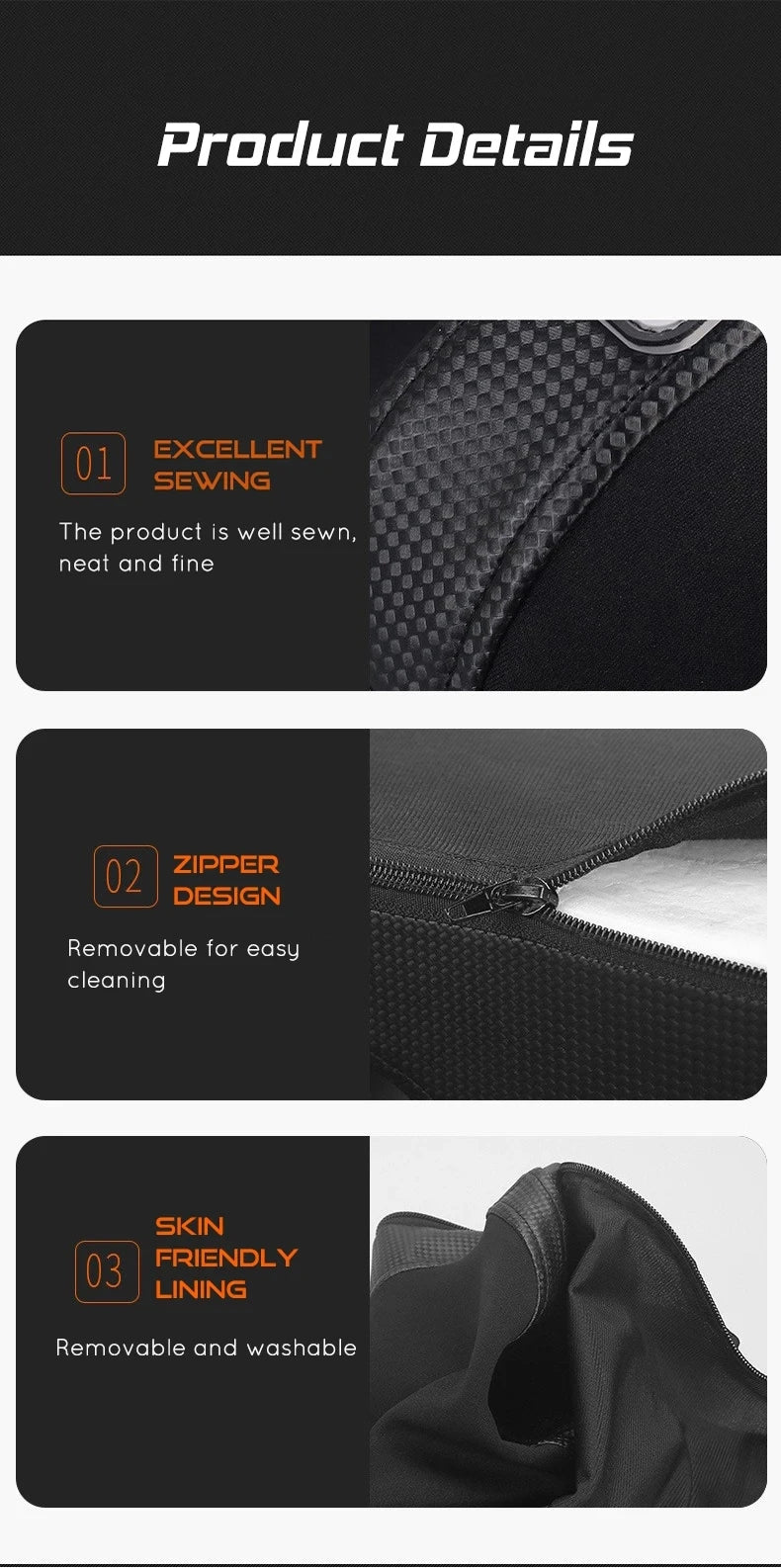 Black electric leg massager details: quality stitching, durable zipper design, and removable washable lining.