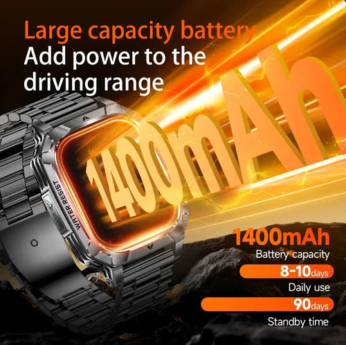 1400mAh smart sleep tracker watch for men, side angle view of rugged 10ATM waterproof outdoor smartwatch with flashlight.