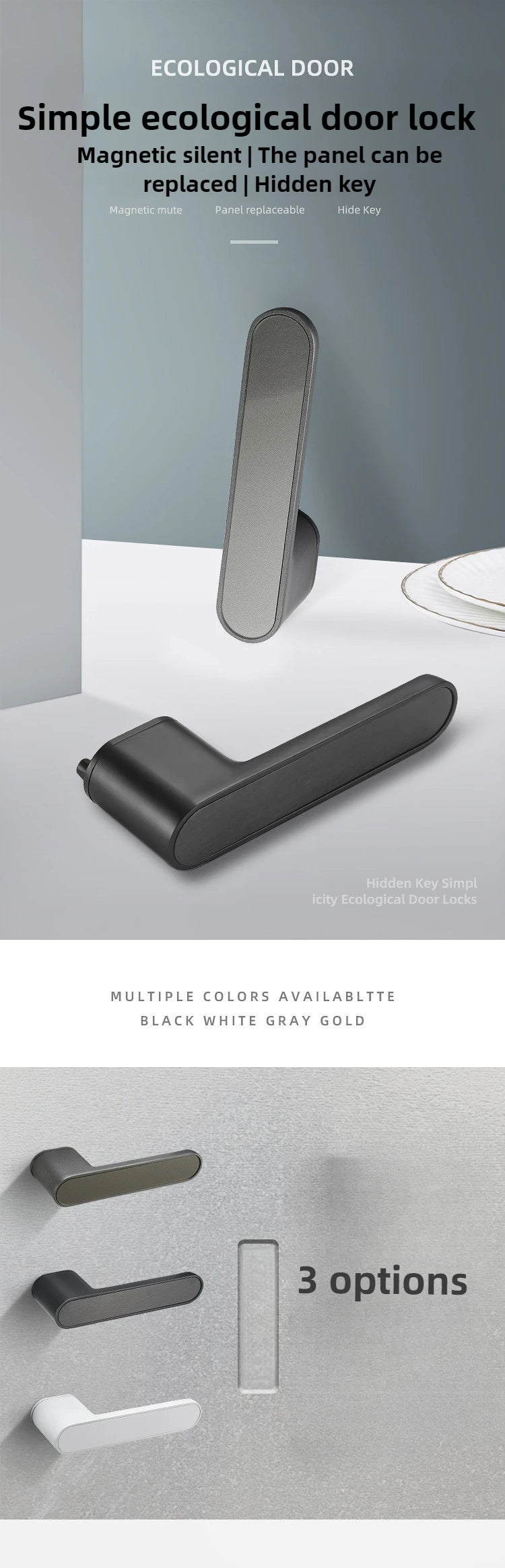New High Aesthetic Minimalist Room Door Lock, Magnetic Silent Lock, Wooden Door Handle, Minimalist Style
