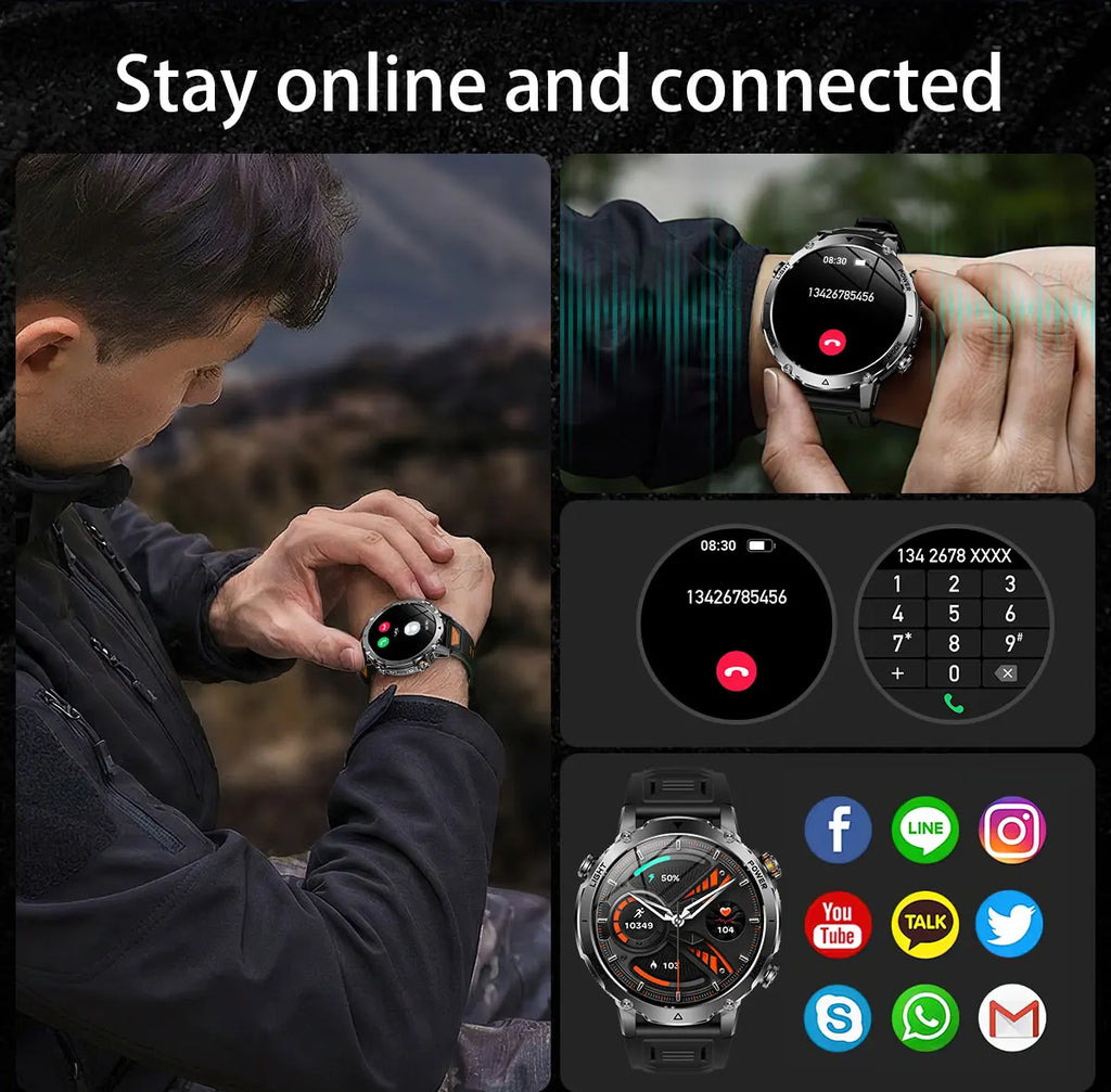 New Military ULtra 1400mAh Huge Battery SmartWatch Two Flashlight 10ATMan Waterproof HD Call 1.73“ 100+Sports Smart watch Man