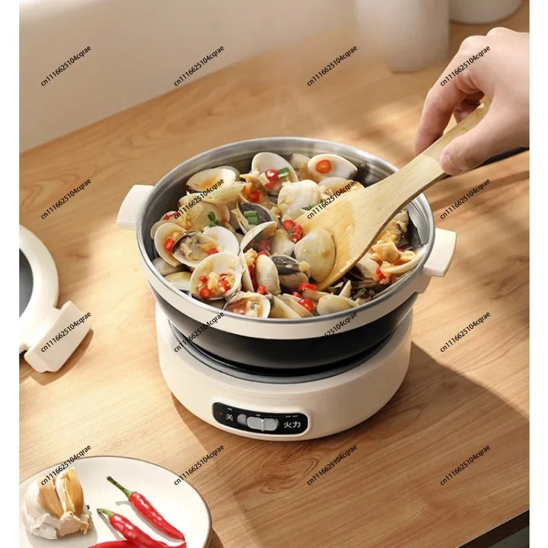 Multi cooker with black inner pot filled with seafood and vegetables, lid open
