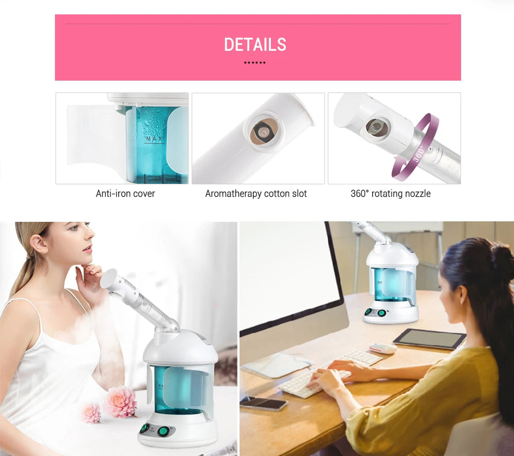 White facial steamer with 360 rotating nozzle, aromatherapy slot, and blue water tank for home spa skin deep cleaning.