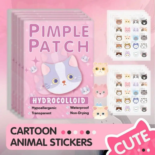 Cute cat-shaped hydrocolloid pimple patches in pastel pink package, plus sticker sheets