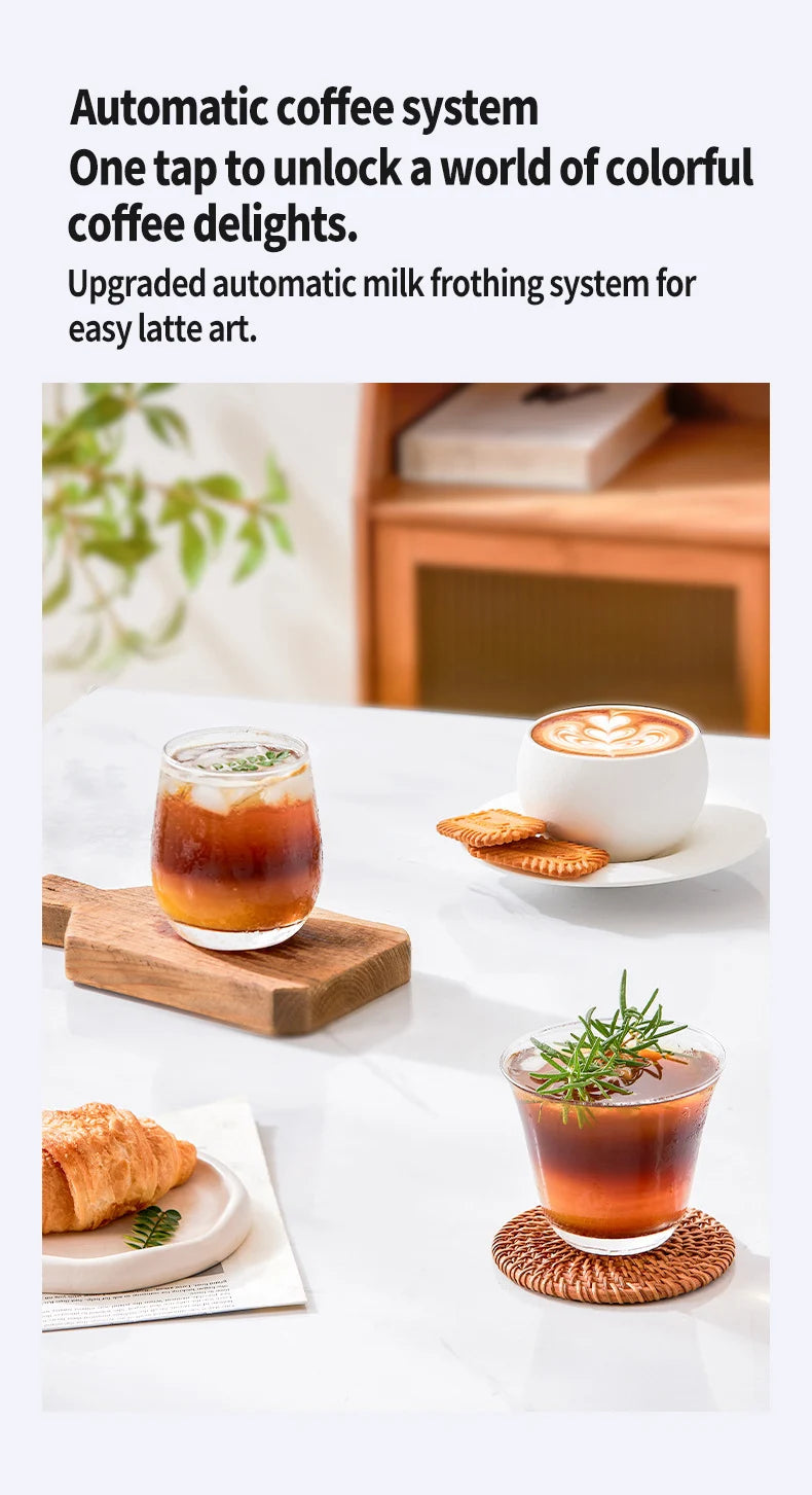 Automatic coffee machine system with milk frother serving iced coffee and latte art in elegant glassware.