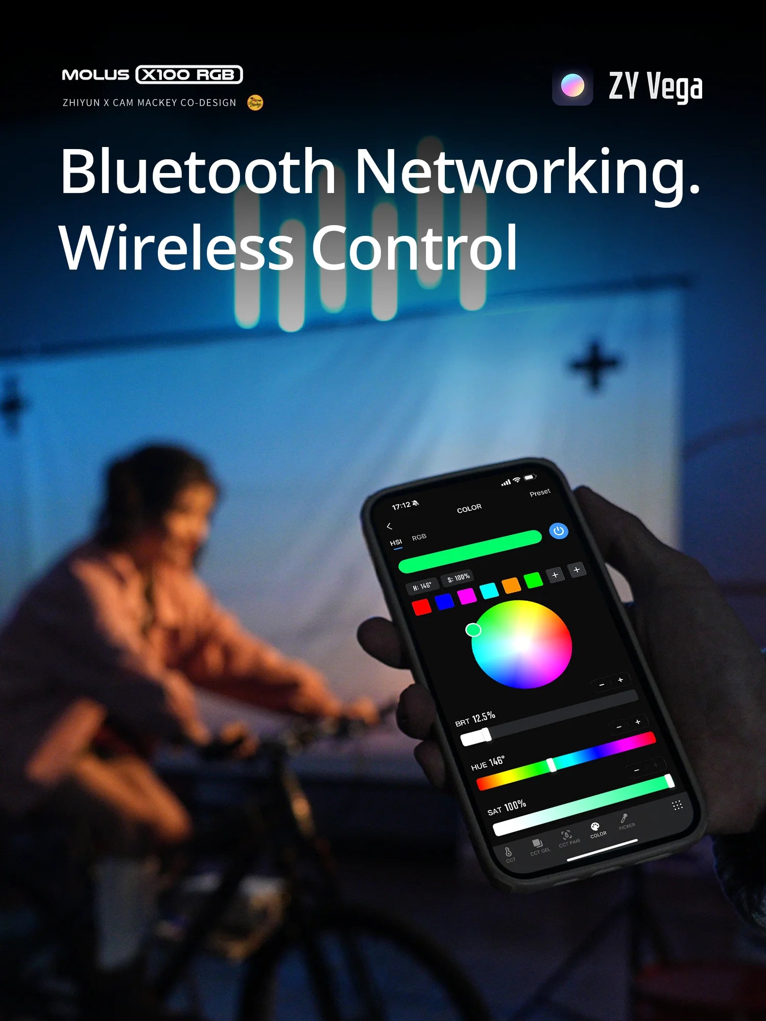 Smartphone displaying the ZY Vega app interface to wirelessly control Molus X100 RGB lighting settings.