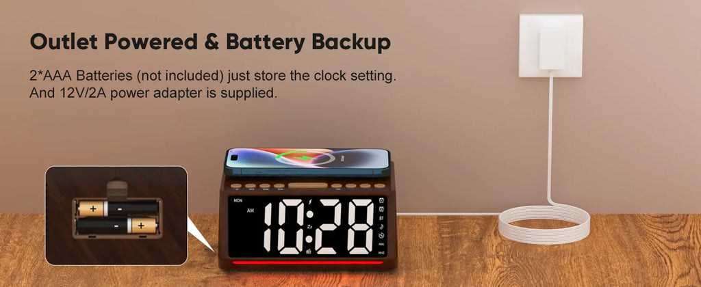 Wooden Digital Alarm Clock with Wireless Charger & Bluetooth Speaker Tidesmit