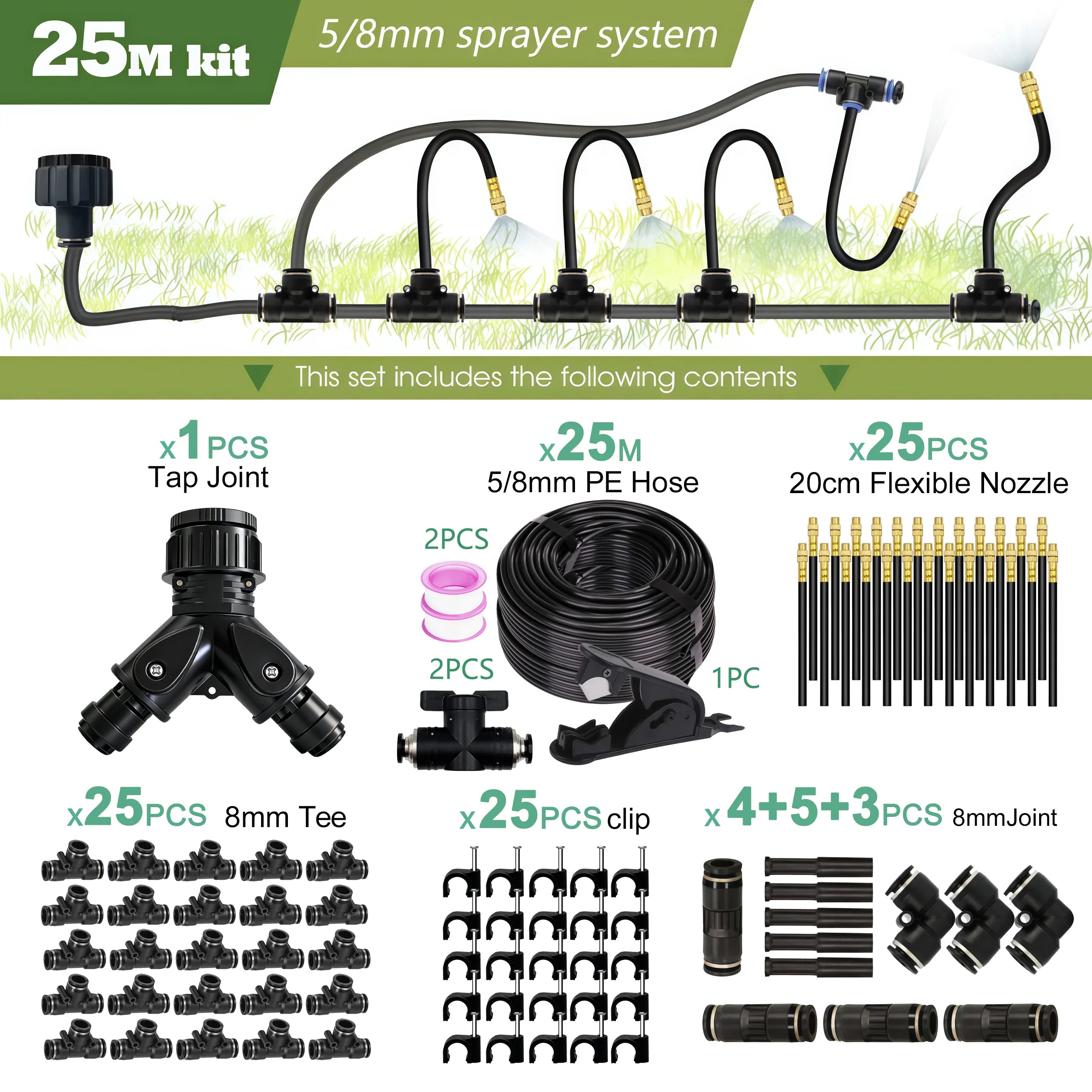 Garden 5-30M 8mm PE Hose 20cm 360° Bending Brass Nozzle Spray Kit Atomized Automatic Irrigation Equipment Plants Mist Wateriing