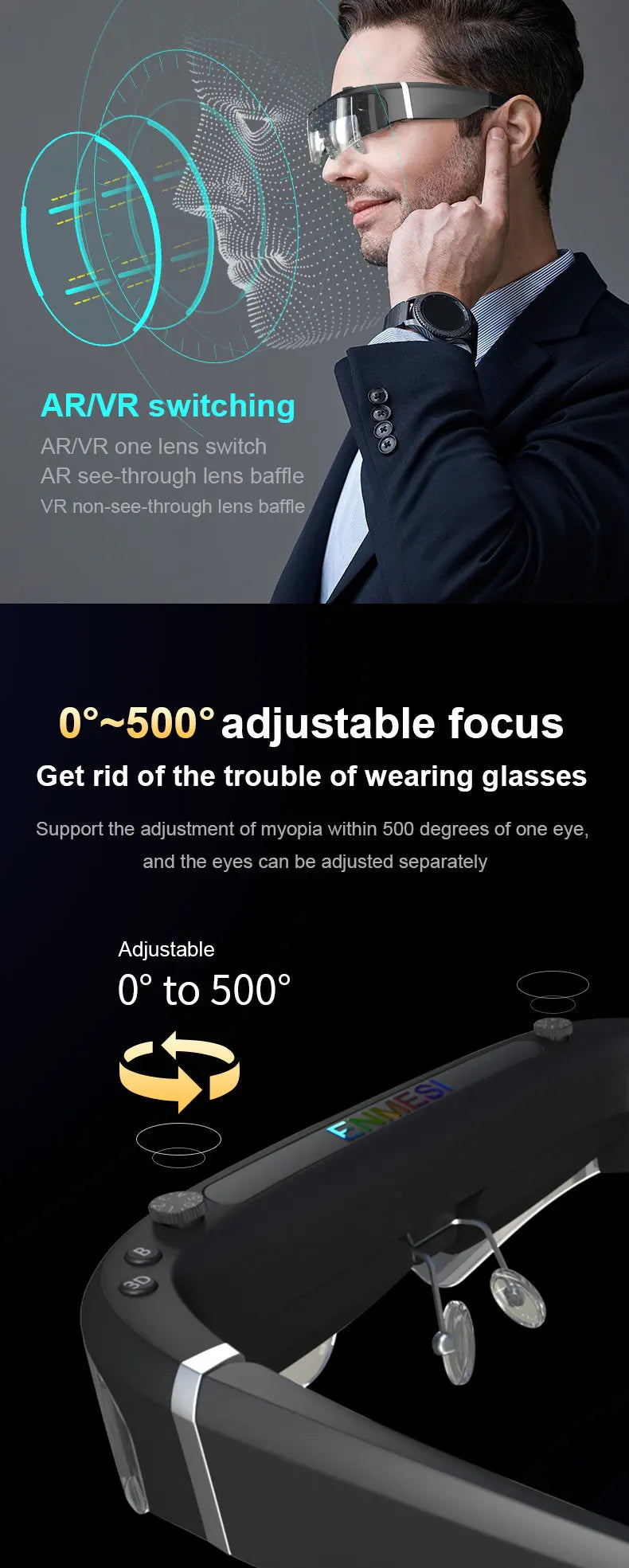 VR Headset 3D Smart Glasses | HD Spatial Display - Black Tidesmit