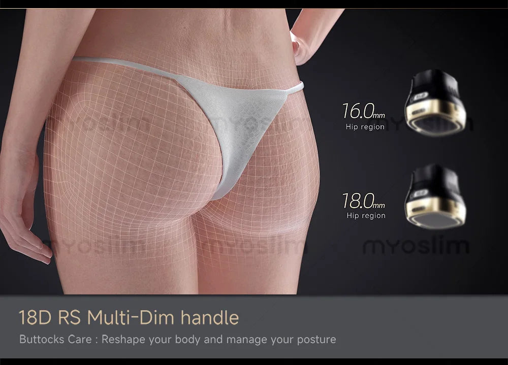 22D MAX HIFU machine showing 18D RS handles for body slimming and buttock lifting treatment with grid measurement.