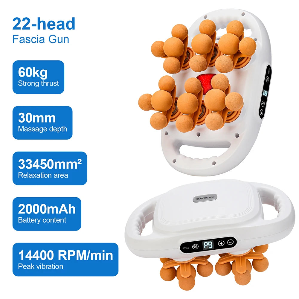 White, oval-shaped fascia massager with 22 orange, foam-tipped heads for deep tissue muscle relaxation.