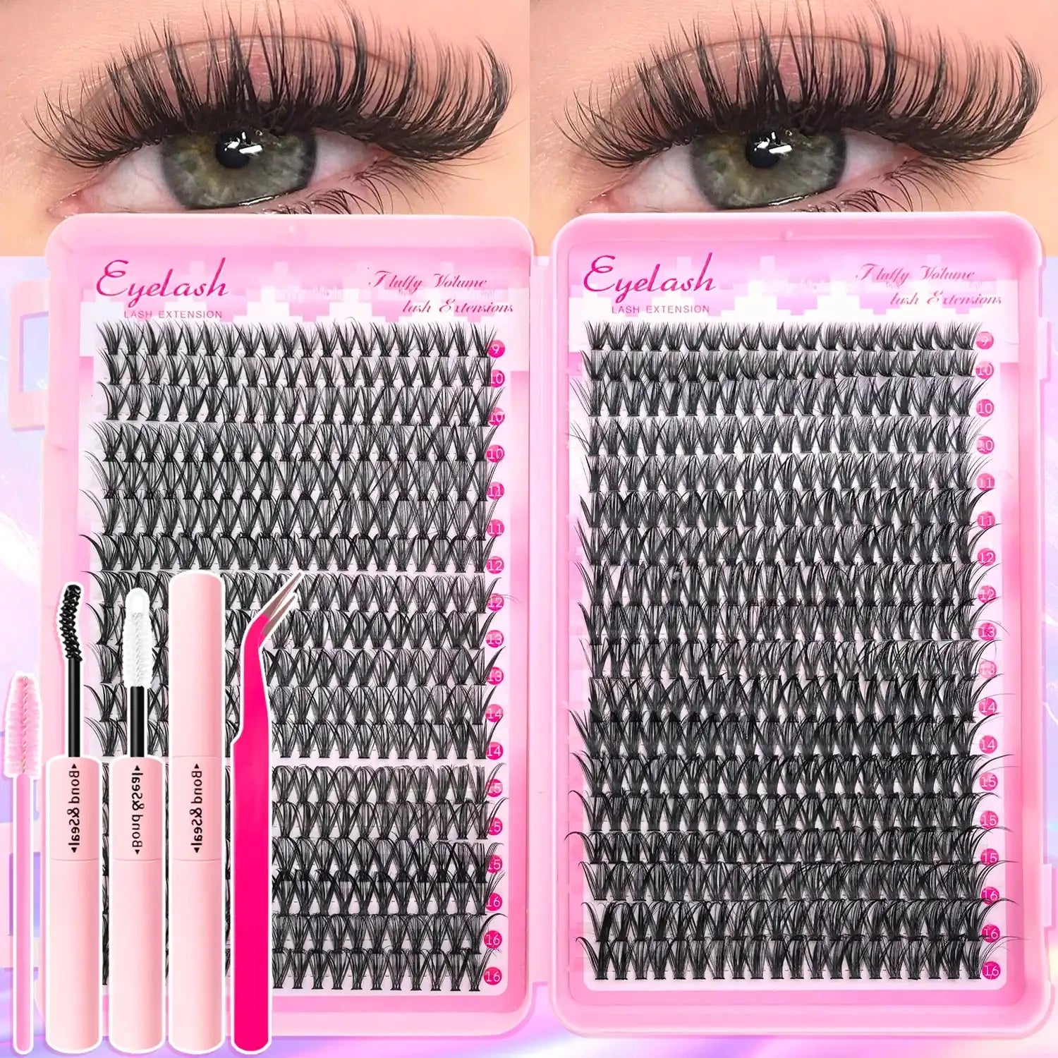 720/200pcs eyelash Extension Kit Fluffy Eyelash Extension kit with Lash Bond and Seal Lash Tweezers Thick Lash Clusters
