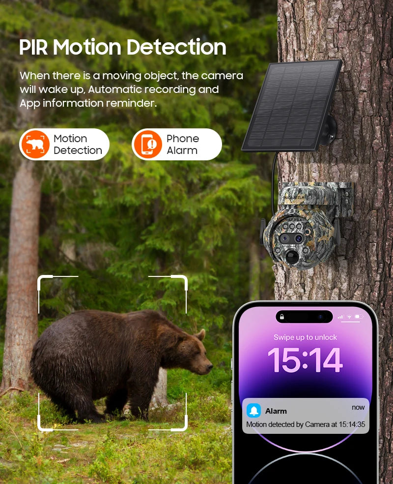 INQMEGA 8MP Solar Powered Camera 4K 4G / WIFI Solar Camera Solar Panel  Security PIR Human Detection Cam in Forest