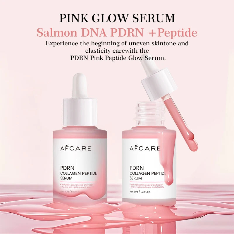 Two bottles of AFCARE PDRN Collagen Peptide facial serum with a glossy, light pink liquid texture and dropper applicator.
